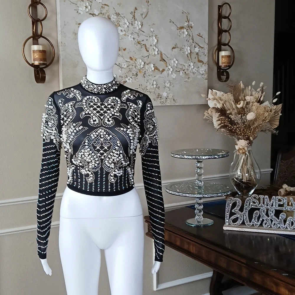 Banjul Black Beaded Long-Sleeve Crop Sheer Cocktail Mock Neck Top. Size M - Picture 7 of 17